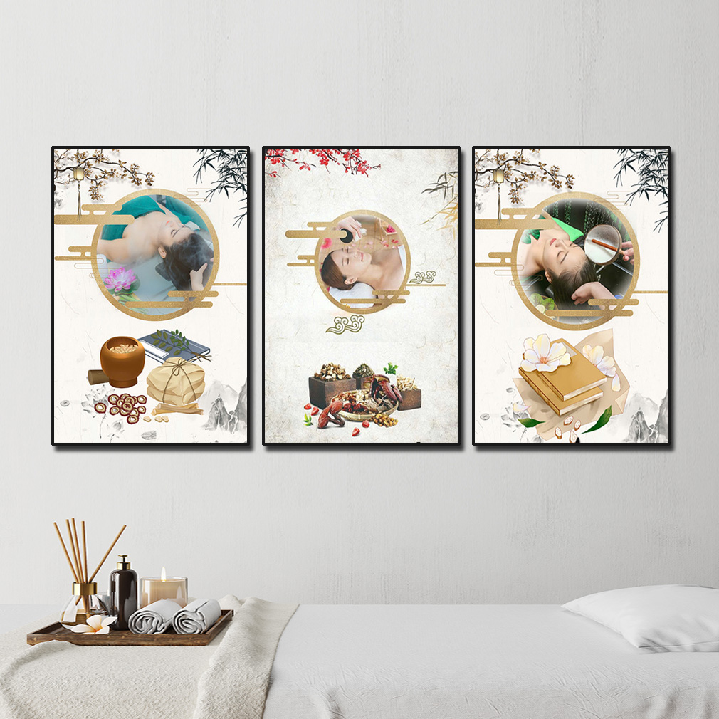 Tranh spa dưỡng sinh đông y đẹp kiểu ghép bộ 3 bức trẻ trung hiện đại