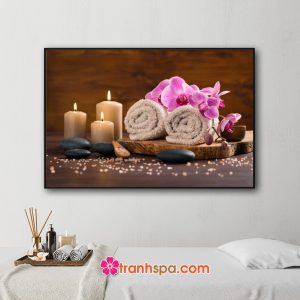 Mẫu tranh spa đẹp hình ảnh đá cuội, nến thơm, khăn tắm và cành hoa lan