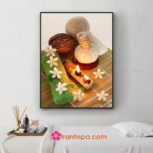 Mẫu tranh spa đẹp hình ảnh nến thơm, túi chườm, hoa và các vật dụng massage