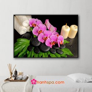 Mẫu tranh spa đẹp hình ảnh cành hoa lan, đá cuội, lá xanh, nến thơm và khăn