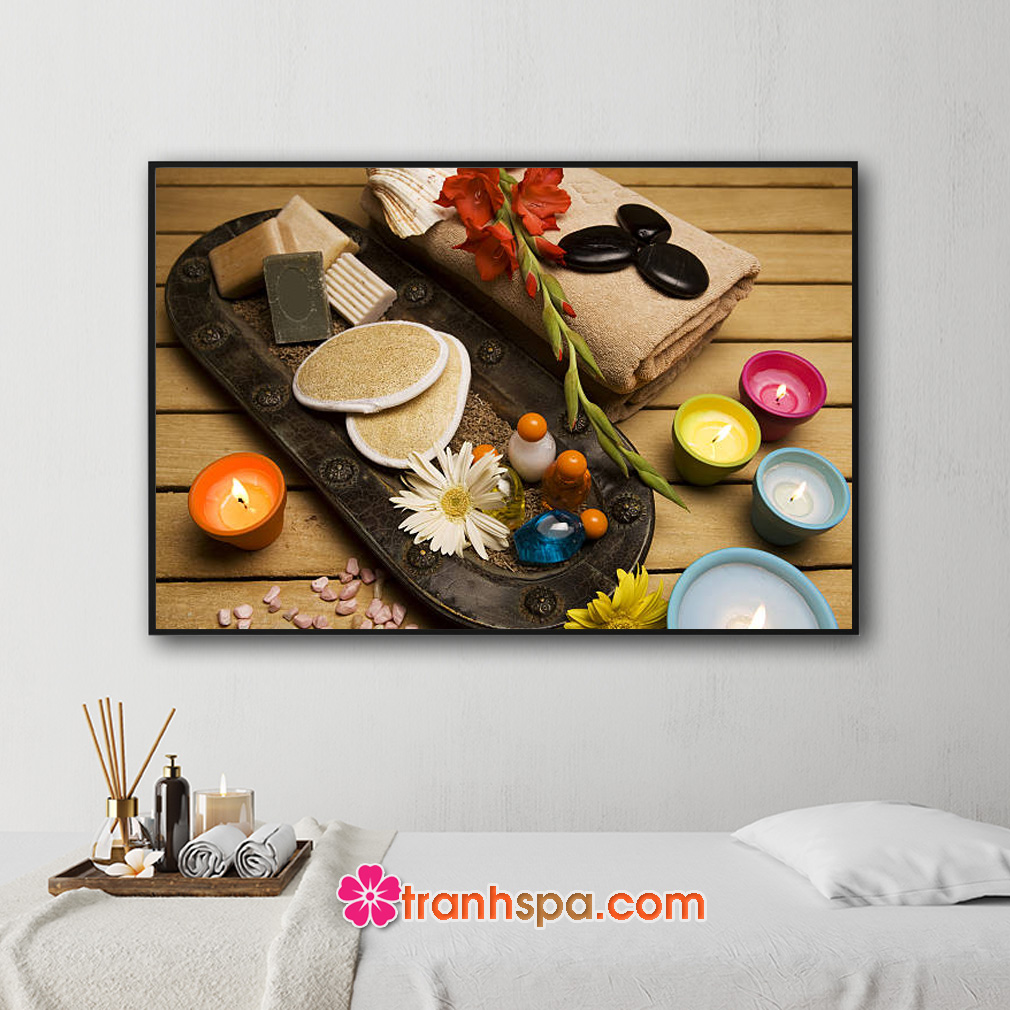 Tranh treo spa đẹp hình ảnh các vật dụng và hương liệu thảo mộc