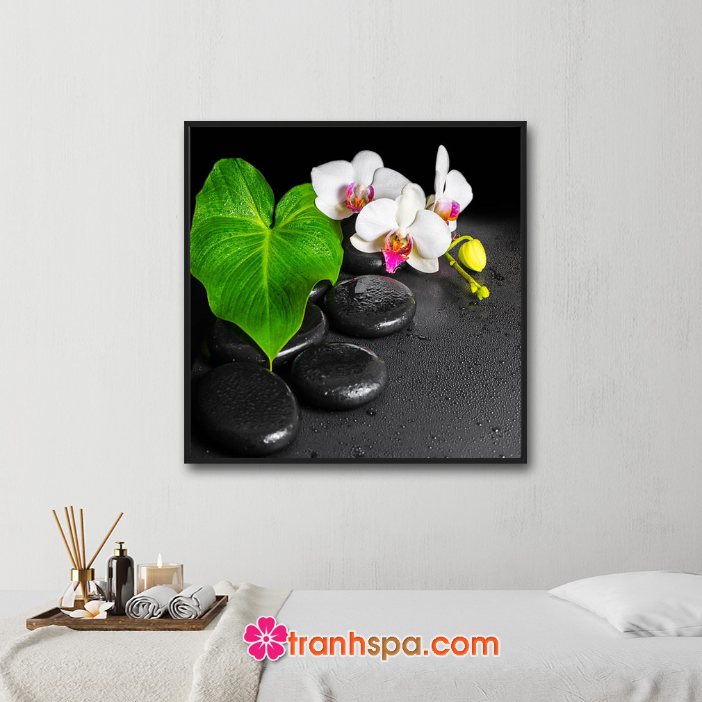 Mẫu tranh trang trí spa đẹp khổ vuông hình ảnh tàu lá xanh, cành lan trắng, đá cuội đen bóng trên nền màu đen