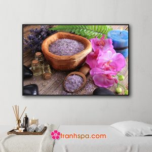 Mẫu tranh trang trí spa đẹp hình ảnh các loại thảo mộc hương liệu, cành lan hồng, muối tắm, tinh dầu, nến thơm, đá cuội, hoa lavender tím và tàu lá dương xỉ
