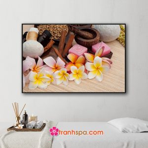 Mẫu tranh trang trí spa đẹp hình ảnh những bông hoa sứ nhiều màu sắc, nến thơm, túi chườm và các loại thảo mộc hương liệu đặt trên mành trúc