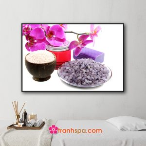 Mẫu tranh trang trí spa đẹp hình ảnh cành hoa lan tím, tinh dầu và soap, các loại muối tắm và đá trên nền trắng sáng