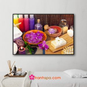 Mẫu tranh trang trí spa đẹp hình ảnh các chai tinh dầu, hoa lan, soap, nến thơm, khăn tắm...