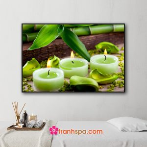 Mẫu tranh trang trí spa đẹp với màu xanh lục dễ chịu của cành lộc, những ngon nến thơm và các mảnh vụn màu trang trí