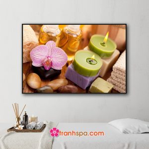 Mẫu tranh trang trí spa đẹp hình ảnh hoa lan, tinh dầu, nến thơm, soap, đá và khăn tắm