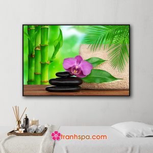 Mẫu tranh trang trí spa đẹp hình ảnh hoa lan tím, đá cuội đen, khăn tắm, lá dừa xanh và cành lộc cùng nền thiên nhiên xanh trong lành