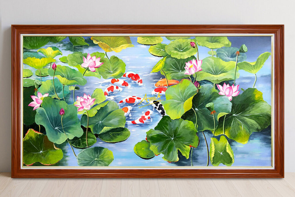 Mẫu tranh cửu ngư quần hội vẽ sơn dầu đẹp hình ảnh đàn cá chép quần tụ trong đầm sen