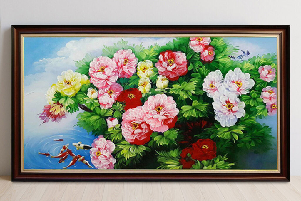 Mẫu tranh cửu ngư quần hội vẽ sơn dầu đẹp