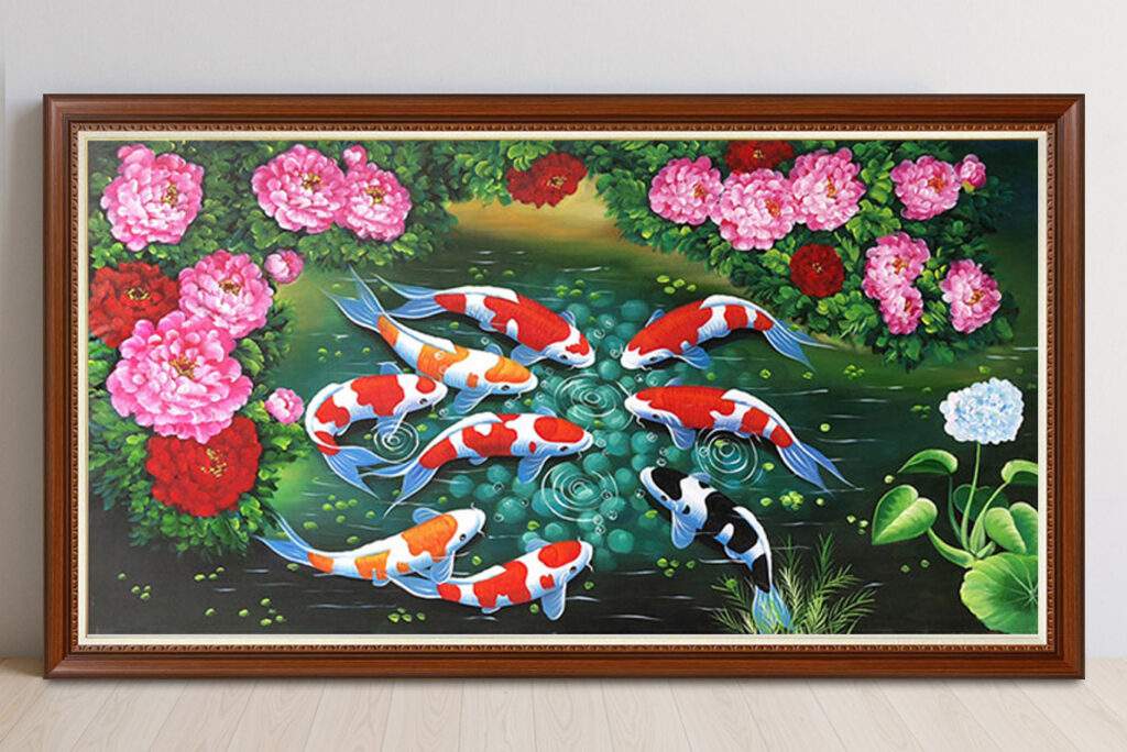 Mẫu tranh cửu ngư quần hội vẽ sơn dầu đẹp