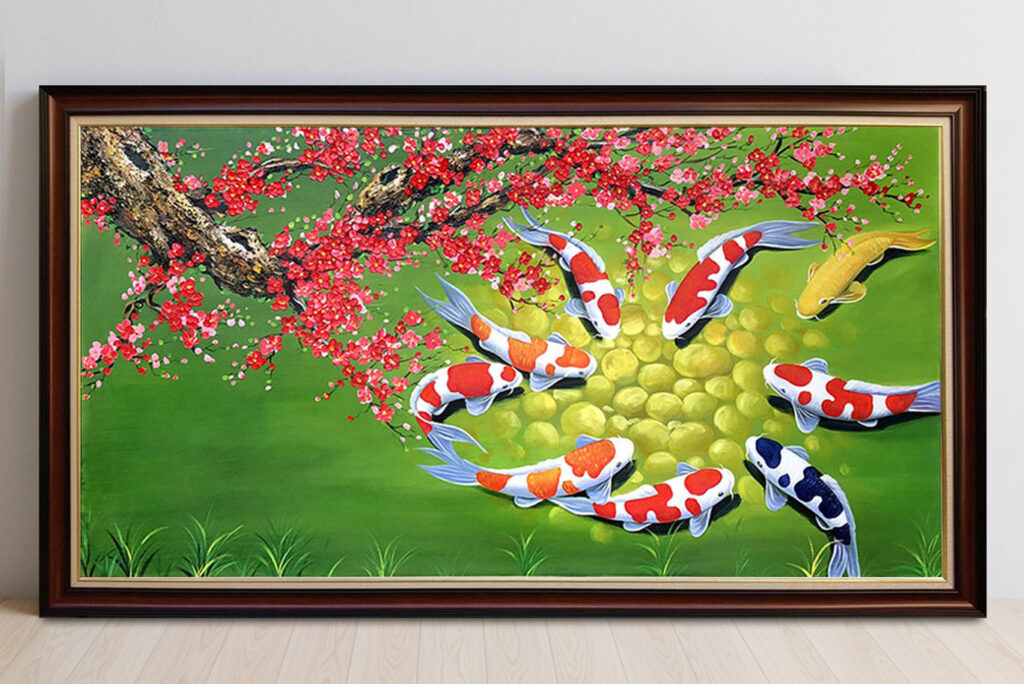 Mẫu tranh cửu ngư quần hội vẽ sơn dầu đẹp