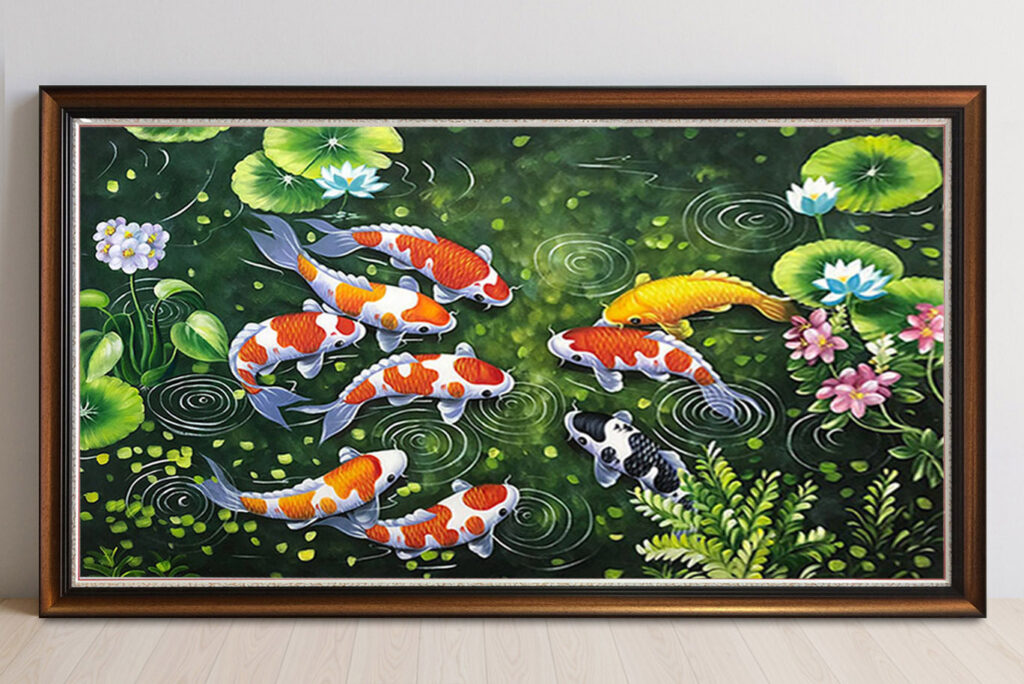 Mẫu tranh cửu ngư quần hội vẽ sơn dầu đẹp
